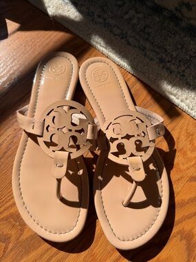 Tory Burch Tan Leather Logo Thong Sandals